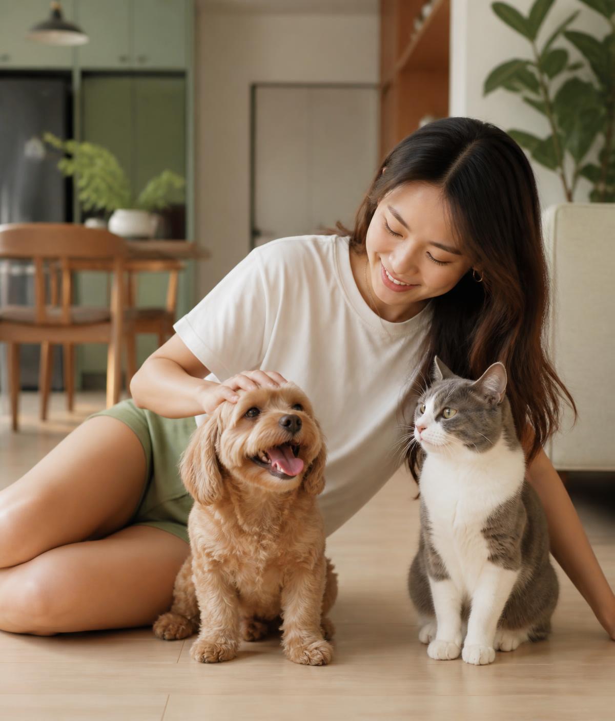 Pet owner reviewing documents at home