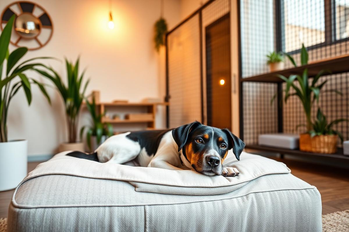 A dog resting in a boarding suite