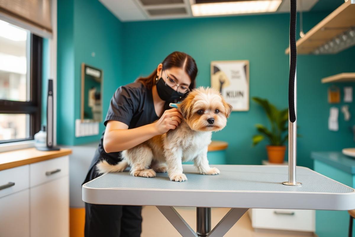 A groomer brushing a small dog in a Singapore salon