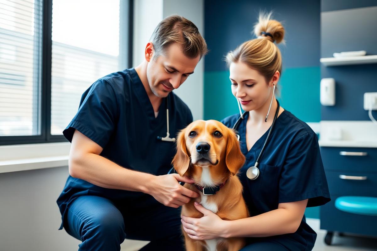 A veterinarian examining a dog in a clinic